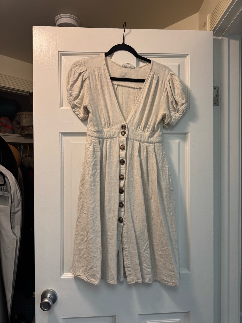 Love Riche Cream Button-Down Puff Sleeve Midi Dress